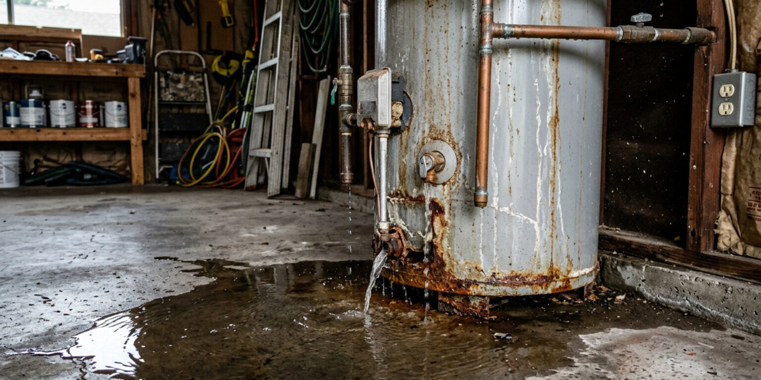 failing water heater leaking in a garage