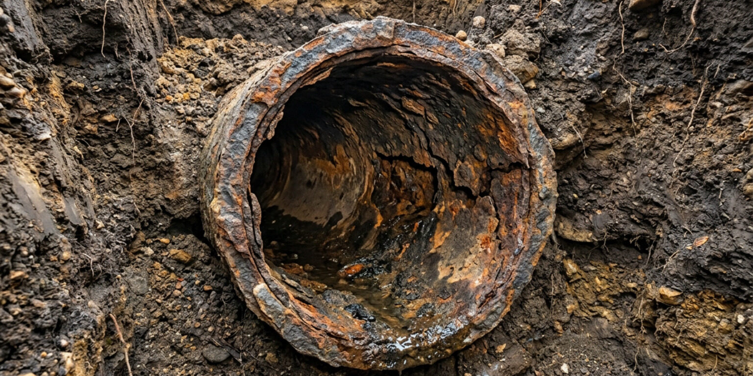 aging cast iron sewer pipe underground cross section