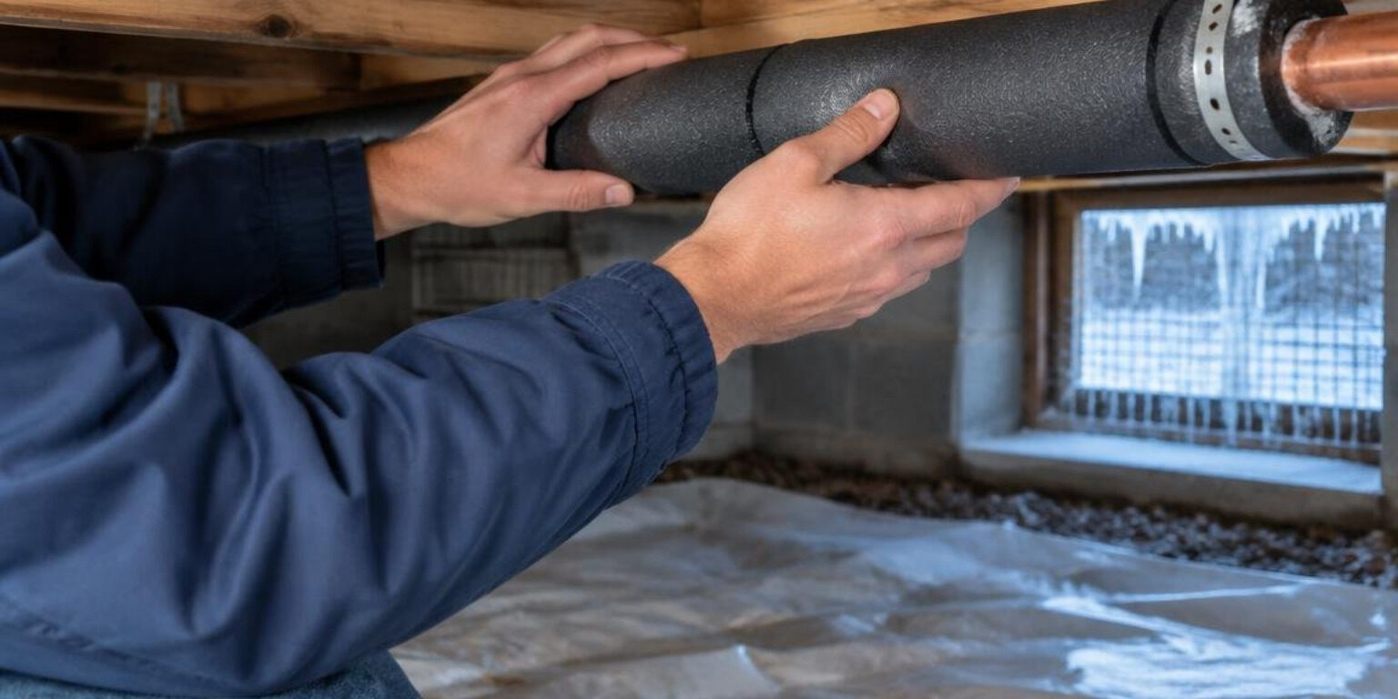 Homeowner checking insulated water pipes to help prevent freezing during a South Carolina cold snap