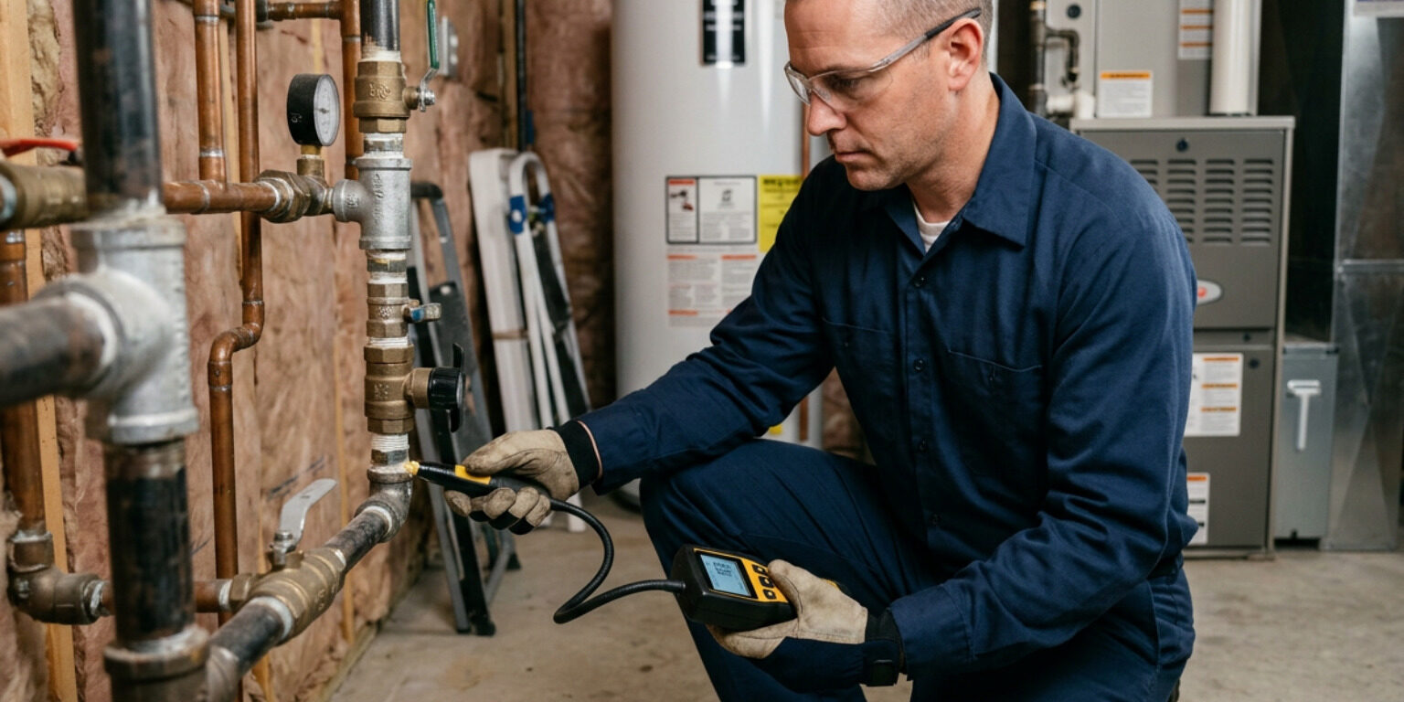 professional plumbing technician using an electronic gas sniffer tool along residential pipe joints
