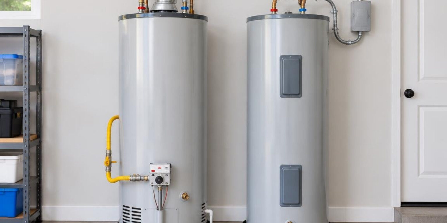 Side-by-side gas and electric tank water heaters in a clean residential utility room