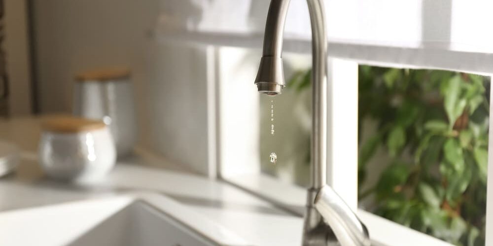 Droplets of water trickling down a tap