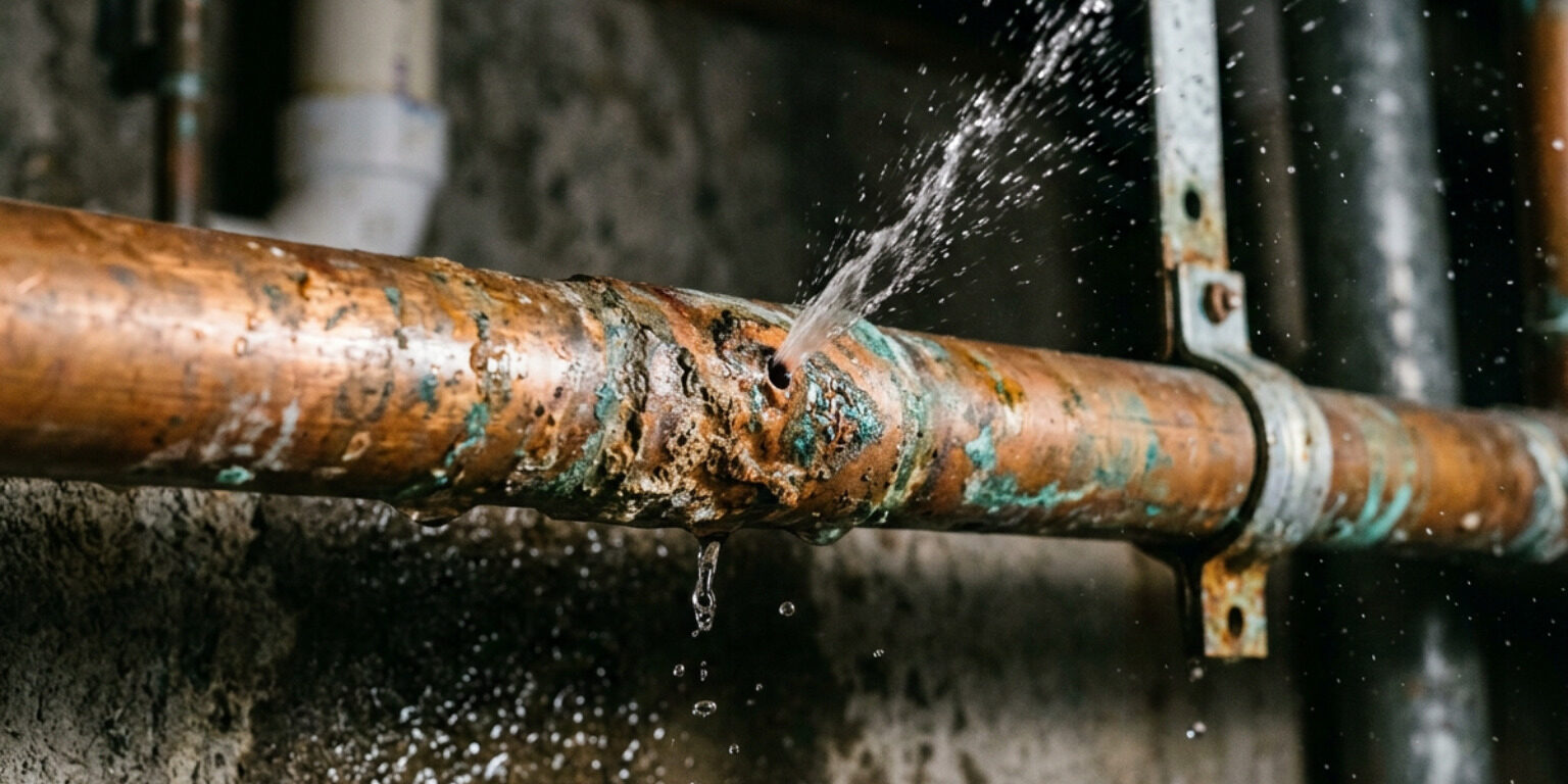 pinhole leak copper pipe spraying water pitting corrosion