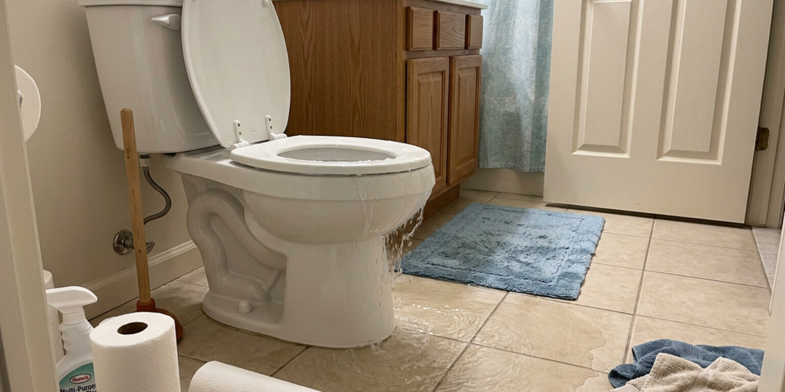 clogged toilet overflowing water on bathroom floor emergency
