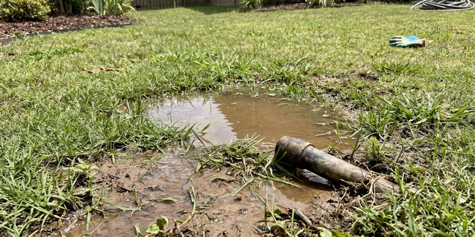 underground water pipe leak in yard with water pooling on surface