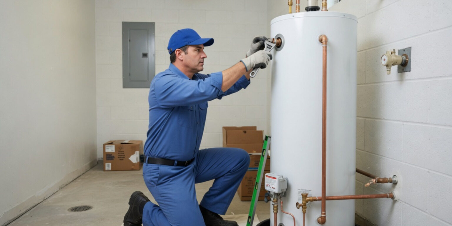 Professional plumber installing a traditional tank water heater in Columbia, SC